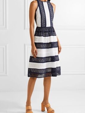 Michael Kors Navy and White Striped Eyelet Midi Dress Size 0